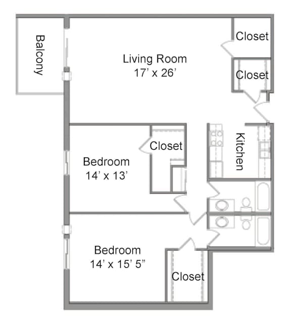 A floor plan for a two bedroom apartment with a living room, two bathrooms, and a balcony.
