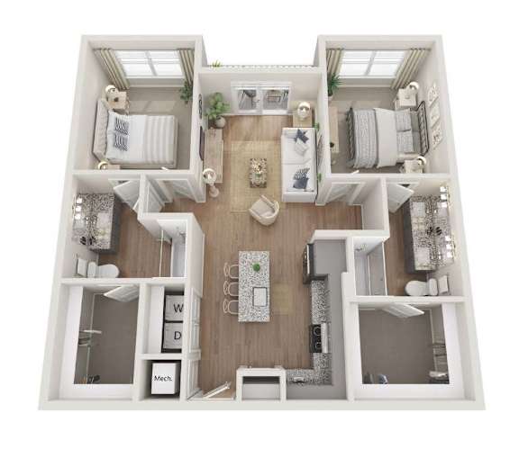 A floor plan for a 2 bedroom, 2 bath apartment at 590 Webb Gin Road, Lawrenceville, GA 30045.