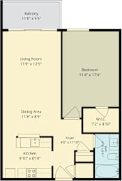 A floor plan of a one bedroom apartment with a living room, dining area, kitchen and balcony.