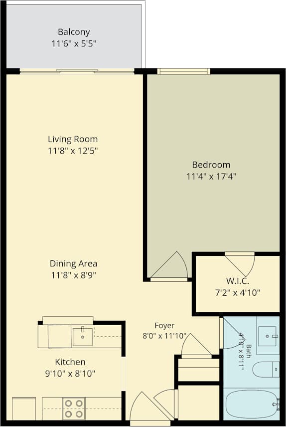 A floor plan of a one bedroom apartment with a living room, dining area, kitchen and balcony.