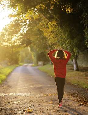 A person in a red top and black pants is walking down a road with trees on either side.