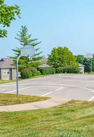 a tennis court with trees in the background