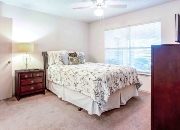 a bedroom with a bed and a window