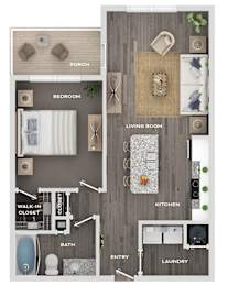 A floor plan of a house with a porch, bedroom, living room, kitchen, bath, entry, and laundry.