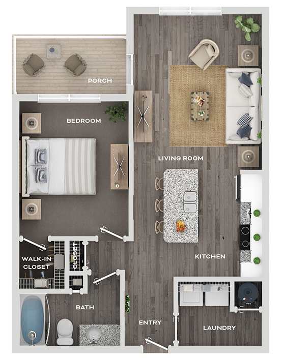 A floor plan of a house with a porch, bedroom, living room, kitchen, bath, entry, and laundry.