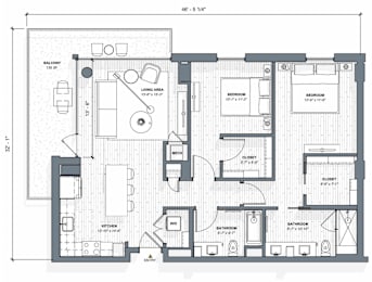 A floor plan of a house with a kitchen, living room, and two bedrooms.