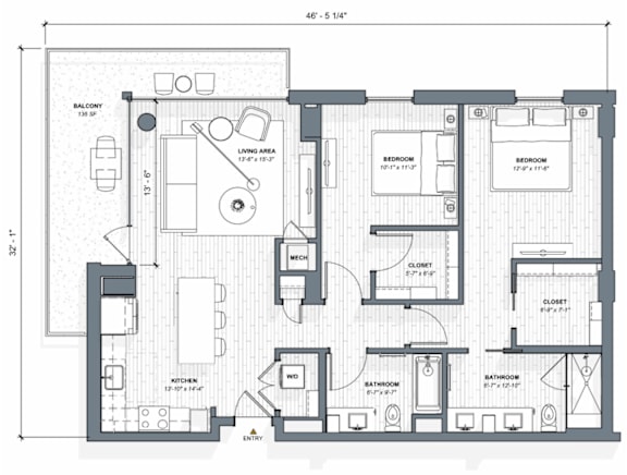 A floor plan of a house with a kitchen, living room, and two bedrooms.