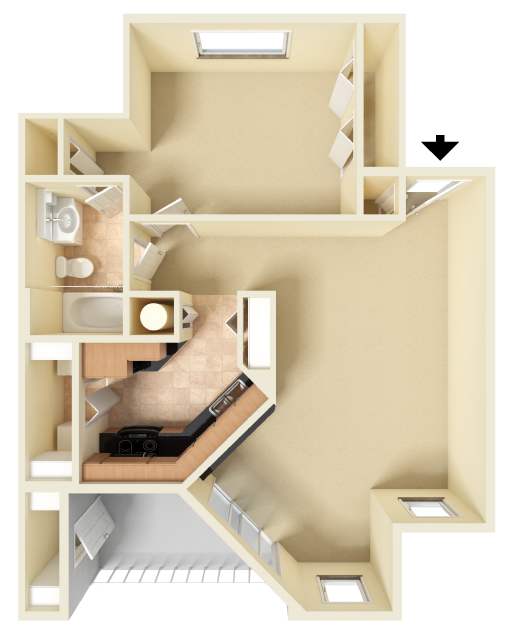 Unfurnished 3D floor plan of the American Shoal one-bedroom apartment at Providence at Palm Harbor, highlighting the open layout, kitchen, bedroom, bathroom, and storage areas.