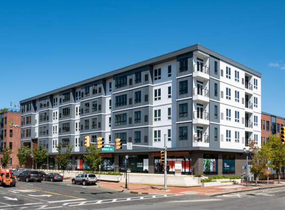 a rendering of an apartment building on the corner of a city street at 11 Cooper Apartments, Camden ,New Jersey, 08102