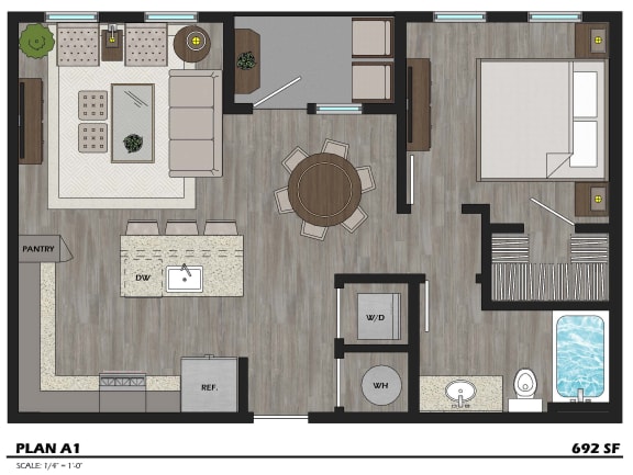 A1 692 sq. ft.at The Fitz Apartments in Dallas