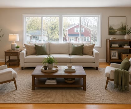 A living room with a white couch, a brown coffee table, and a green plant.