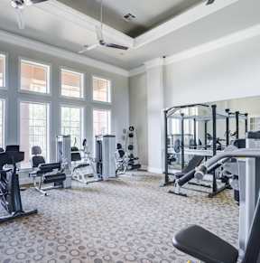 A spacious gym with a variety of equipment including treadmills, weights, and a squat rack.