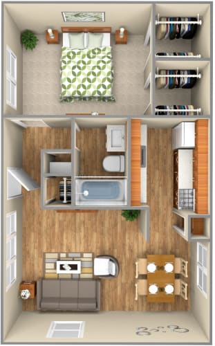 Floor Plan  1 Bedroom 1 Bathroom Floor Plan at Birchwood Apartment Homes, Dallas, Texas