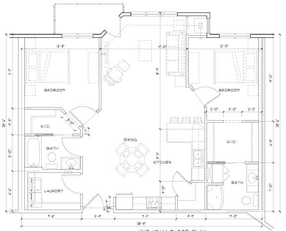 A floor plan of a unit with a bath, laundry, and kitchen.