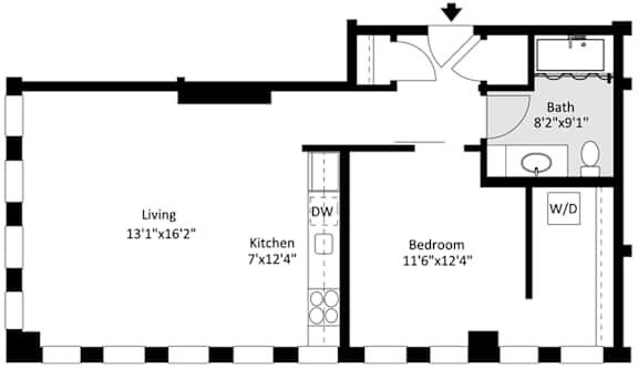 Floor Plan  A floor plan of a rental property with a living room, kitchen, bathroom and bedroom.