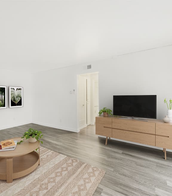 A living room with a brown sofa, a coffee table, a television, and two framed pictures on the wall.