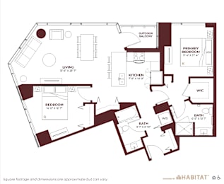 floor plan of the first level of a bedroom apartmentat Cassidy on Canal, Chicago, IL