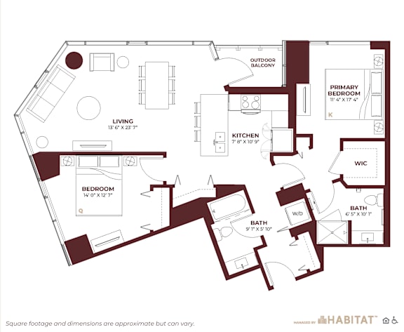 floor plan of the first level of a bedroom apartmentat Cassidy on Canal, Chicago, IL