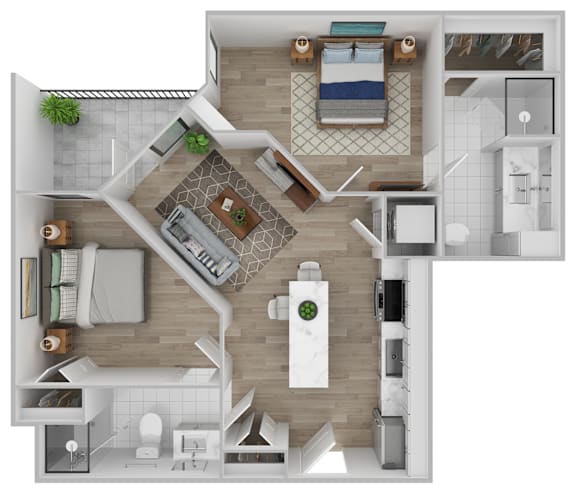 A top-down view of a modern apartment layout with a kitchen, living room, and bedrooms.