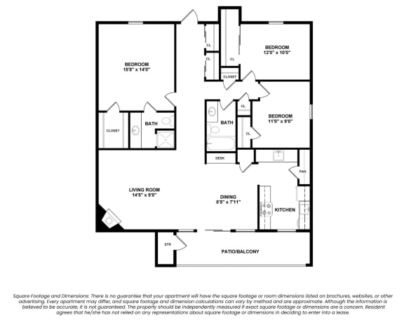 Reveal Three Bed Two Bath Large 2D Floor Plan