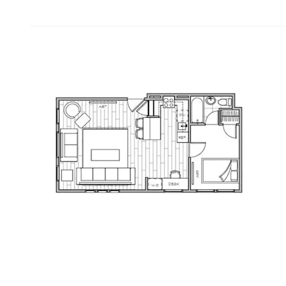 floor plan of the apartment with bedroom and kitchen on the second floor