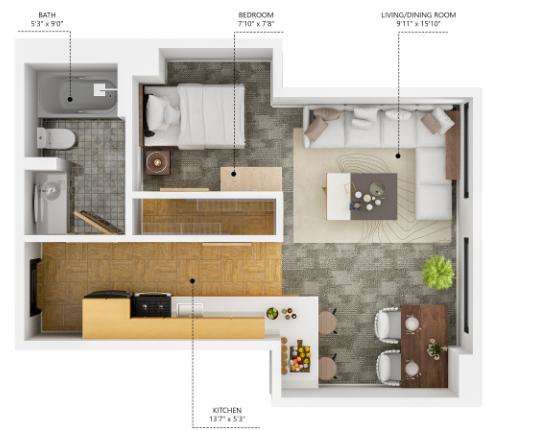 Floor Plan  S1 Studio-B at The Des Moines Building Apartments, Iowa, 50309