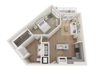 A 3D image of a small apartment with a bedroom, bathroom, and kitchen.
