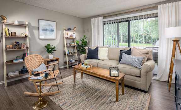 a living room with a couch and a coffee table