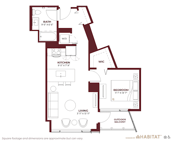 a floor plan of a bedroom apartmentat Cassidy on Canal, Chicago, IL, 60654