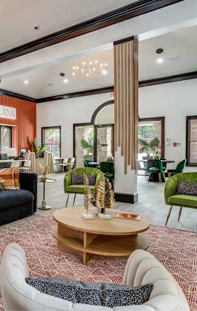 A modern living room with a black couch and a wooden coffee table.