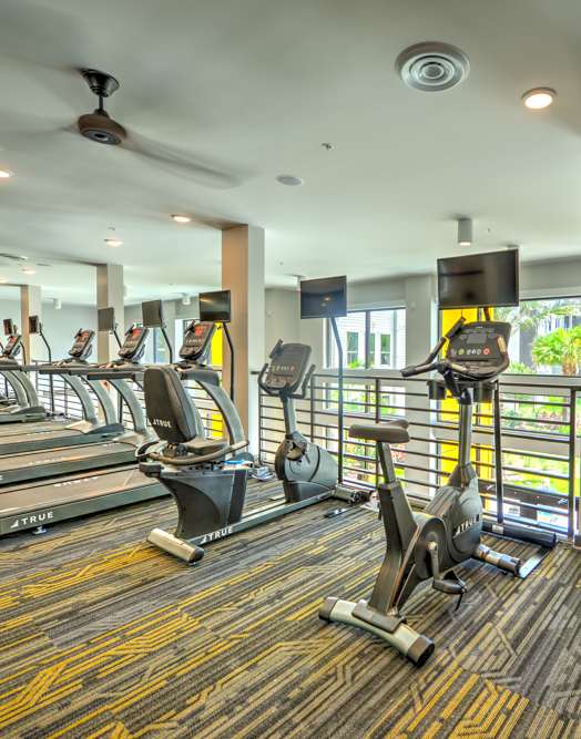 A gym with a variety of equipment including a rowing machine, a treadmill, and a stationary bike.