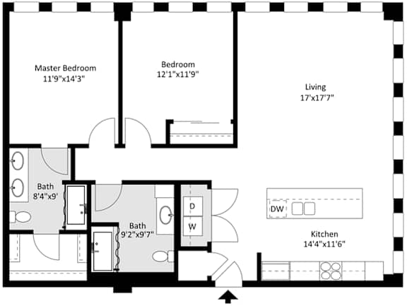 A floor plan of a living space with a master bedroom, a bedroom, a kitchen, and two bathrooms.