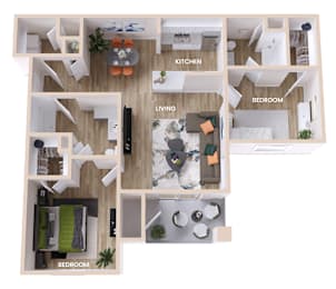 A floor plan of a house with a kitchen, living room, dining room, and three bedrooms.