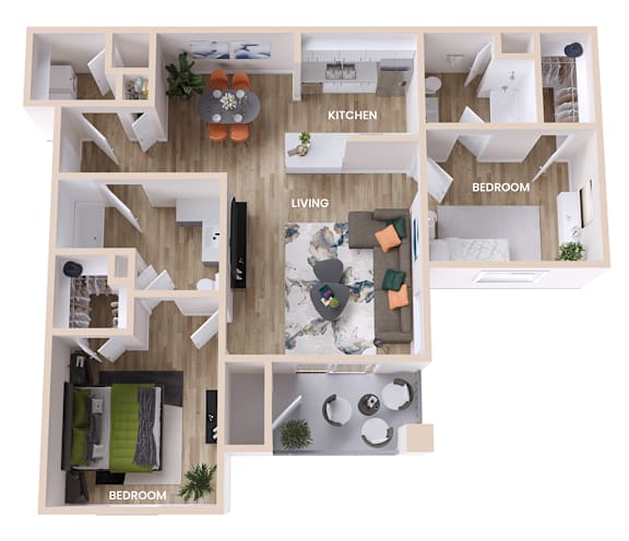 A floor plan of a house with a kitchen, living room, dining room, and three bedrooms.