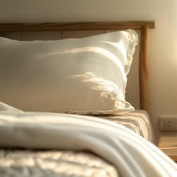 a bed with a pillow and a vase with flowers on a table