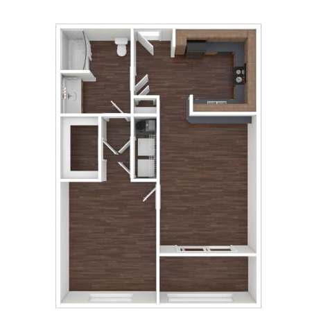 A floor plan of a room with a kitchen, living room, and bathroom.