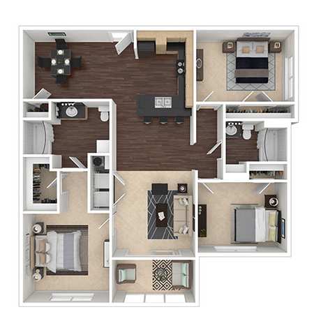 A detailed 3D floor plan of a residential apartment layout.