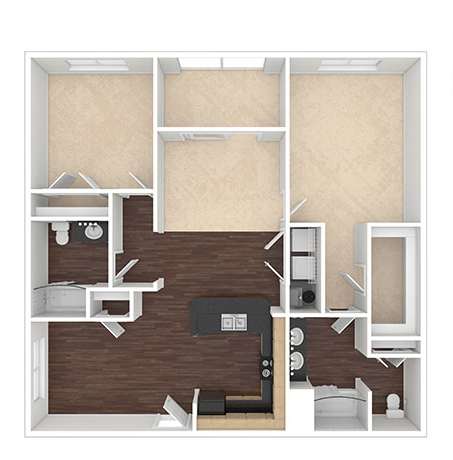 A 3D floor plan of a small apartment with a kitchen, living room, and bedroom.