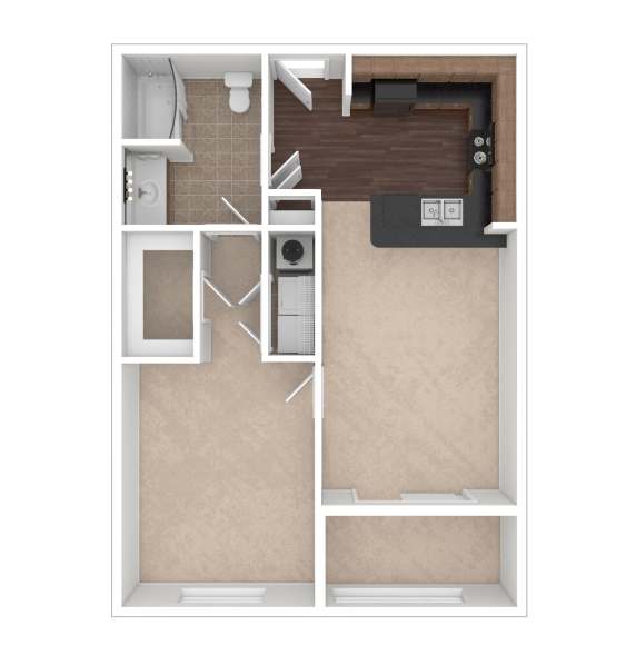 A floor plan of a small apartment with a kitchen, bathroom, and living room.