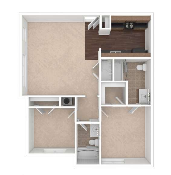 A diagram of a small apartment with a kitchen, bathroom, and living room.