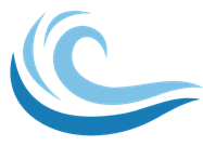 A blue wave logo on a black background.