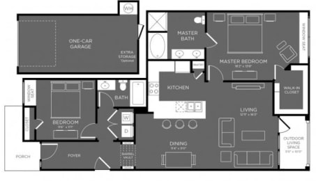 Two Bed Two Bath Floor Plan at Mansions Woodland, Conroe, TX, 77384