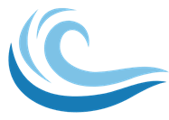 A blue wave logo on a black background.