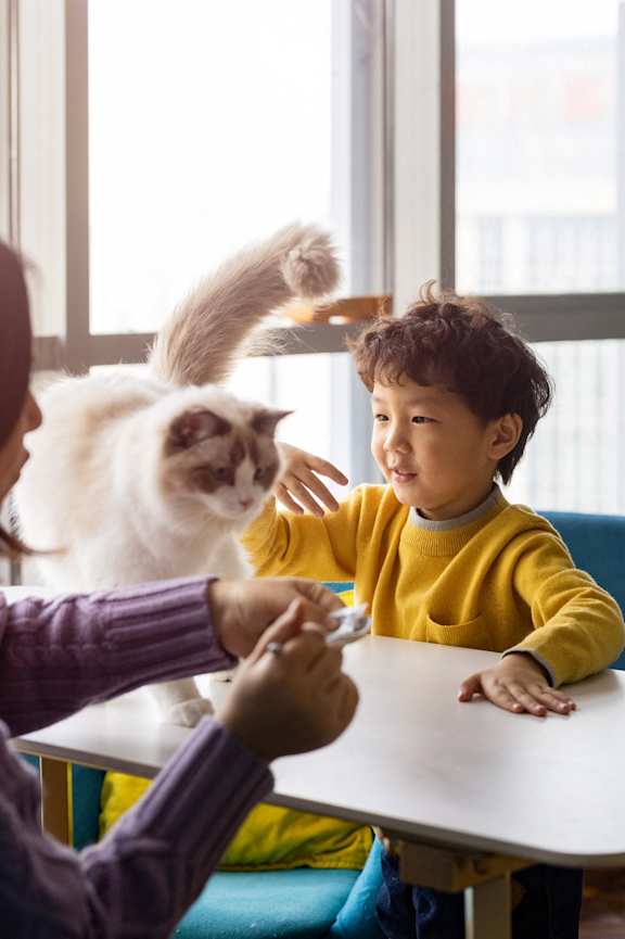 A woman is petting a cat while a boy sits at a table.