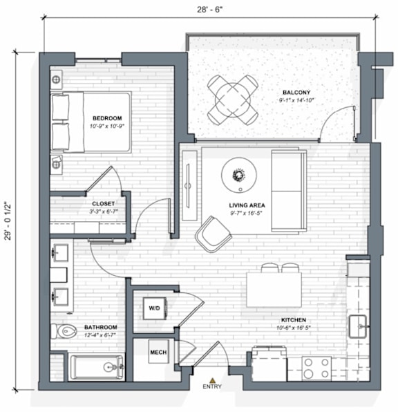 52 TEN A5 Floorplan, 1 bed 1 bath