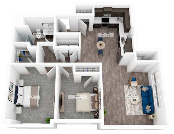 a stylized floor plan of a room with a bedroom and a living room