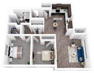 A floor plan of a house with a living room, dining room, kitchen, and two bedrooms.