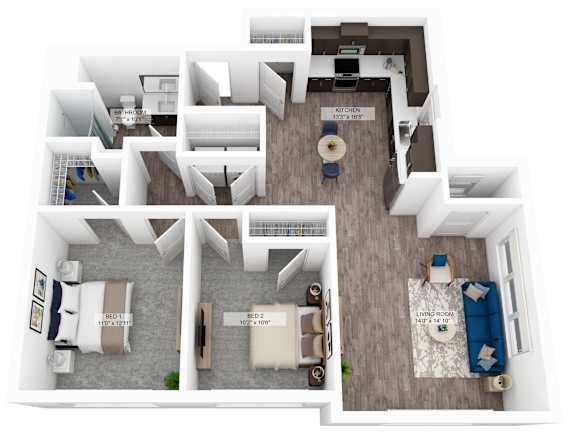 A floor plan of a house with a living room, dining room, kitchen, and two bedrooms.