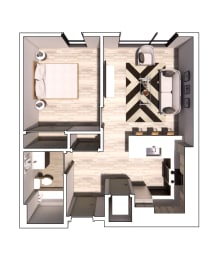 a floor plan of a small house with a bedroom and a living room