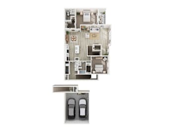 A 3D floor plan of a house with a garage.